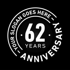 62 years anniversary logo template. Sixty-two years celebrating logotype. Black and white vector and illustration.