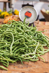 USA, Washington State, Vancouver. Fresh string beans for sale at a farmers market.