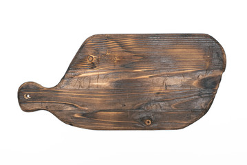 Old burnt cutting board isolated on white background.