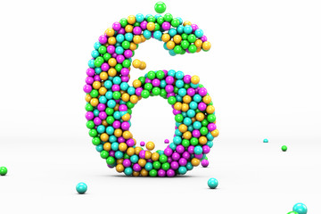 Numbers balls multi-colored, kids font 3d render. Number 6. Isolated on white background.
