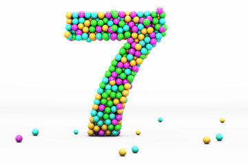 Numbers balls multi-colored, kids font 3d render. Number 7. Isolated on white background.