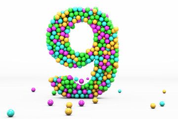 Numbers balls multi-colored, kids font 3d render. Number 9. Isolated on white background.
