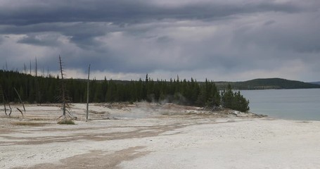 Yellowstone Lake West Thumb Geyser Basin to water. Geothermal ecosystem environment. Caldera super volcano. Biology geography and ecology. Millions of tourist and visitors.