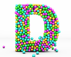  Alphabet balls multi-colored, kids font 3d render. Letter D. Isolated on white background.