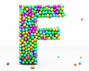  Alphabet balls multi-colored, kids font 3d render. Letter F. Isolated on white background.