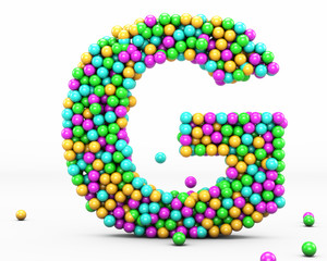  Alphabet balls multi-colored, kids font 3d render. Letter G. Isolated on white background.