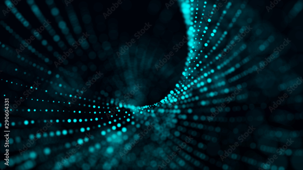 Poster Abstract background with the movement of luminous particles. Digital technology. 3D rendering.
