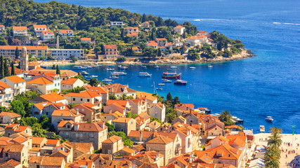 Obraz premium Coastal summer landscape - view of the City Harbour of the town of Hvar, on the island of Hvar, the Adriatic coast of Croatia