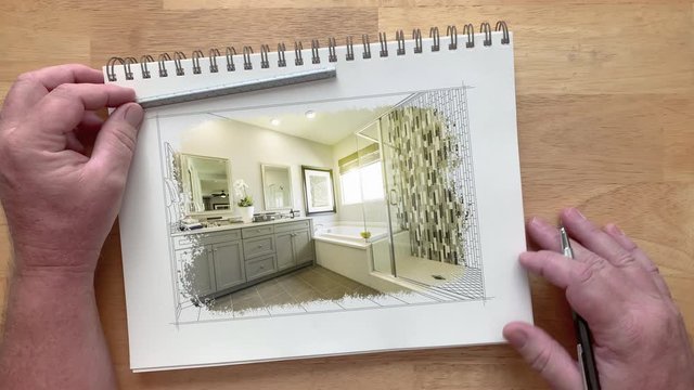 4k Artist Designer Watches Custom Kitchen Drawing Transitioning to Photograph on Pad of Paper.