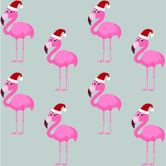 Cute pink flamingo, santa hat, vector illustration