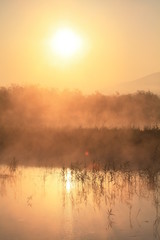 Obraz na płótnie Canvas sunrise with fog on the lake