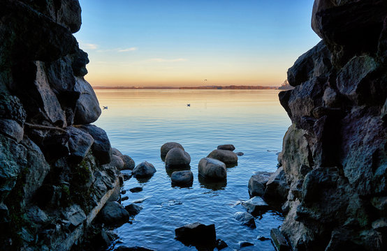 View through the grotto to Lake Schwerin. Mecklenburg-Vorpommern, Germany
