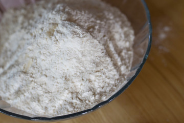 white flour bowl, cooking ingredients