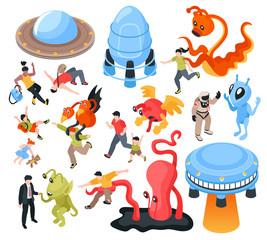Ufo And Aliens Isometric Set © Macrovector
