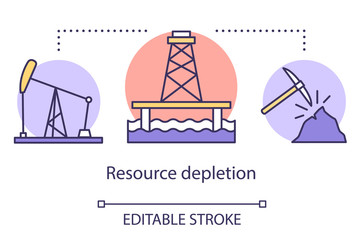 Resource depletion concept icon. Mining for fossil fuels and minerals. Energy carriers. Oil rig, coal mine idea thin line illustration. Vector isolated outline drawing. Editable stroke