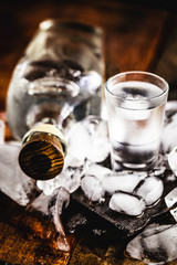 Close-up view of vodka bottle with glass standing on ice, World Vodka Day