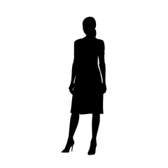 Woman standing in summer dress, isolated vector silhouette, front view. Young adult people