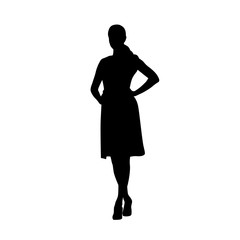 Woman in summer dress standing with hands on hips, isolated vector silhouette, front view. Young adult people