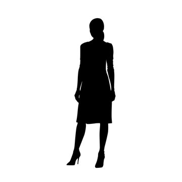 Woman standing in summer dress, isolated vector silhouette, front view. Young adult people