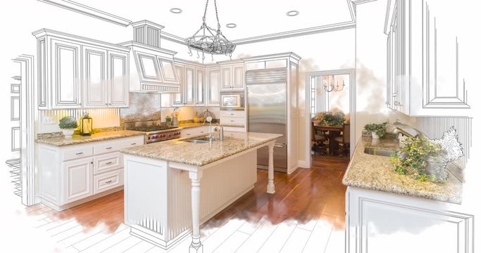 4k Custom Kitchen Drawing Transitioning to Photograph.