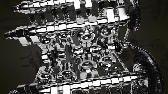 Shiny V8 Engine Animation - Camera Moving Forward Slowly. Pistons And Other Mechanical Parts Are In Motion.