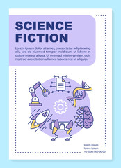 Science fiction poster template layout. Banner, booklet, leaflet print design with linear icons. Sci fi, futuristic technologies. Vector brochure page layouts for magazines, advertising flyers