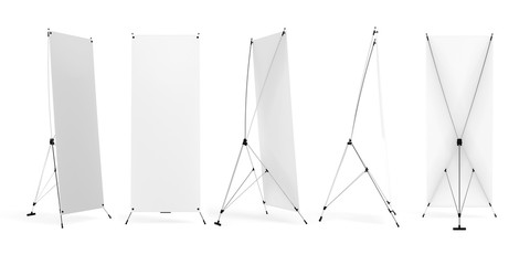 Set of banner x-stands display isolated on white background. 3d rendering image.