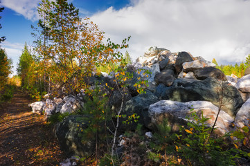 Autumn landscape multi-colored foliage of forest trees in the mountains against the sky and clouds.