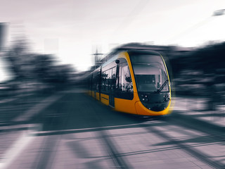 Yellow modern tram in Budapest, Hungary