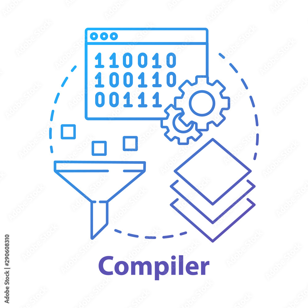 Fototapete Compiler concept icon. Software development. Machine language. Programming. Data filtering. Computer code translation idea thin line illustration. Vector isolated outline drawing