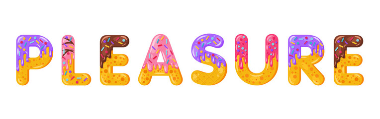 Pleasure biscuit vector lettering. Glazed gingerbread inscription. Tempting flat design typography. Cookies letters satisfaction phrase isolated on white. Biscuit word t shirt print, banner element