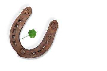 Metal horseshoe and clover leaf isolated on white background