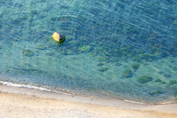 Fototapeta na wymiar top view of the sea coast with a sandy beach and blue water