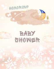 Ready card for baby shower. Card, poster for printing. Cute watercolor illustration and moon with leaves and floral. Poster. Invitation for kids party, newborn and invitation