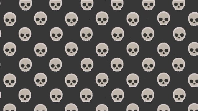 A funny spooky animation: a repeated pattern featuring a skull looking at the viewer, over a gray background, moving to the upper-left angle of the screen. Halloween party invitation backdrop.