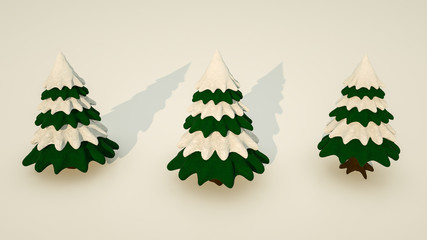 three-dimensional stylized Christmas trees with snowy branches. 3d rendering. illustration