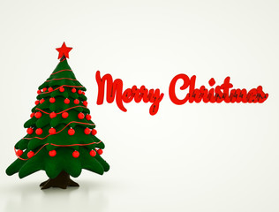 Three-dimensional stylized decorated Christmas tree with the words Merry Christmas. 3d rendering. illustration