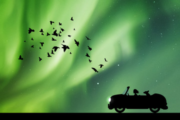 Cartoon retro car on road at night. Vector illustration with silhouettes of woman and dog traveling in cabriolet. Flocks of birds flying in sky. Northern lights in starry sky. Colorful aurora borealis