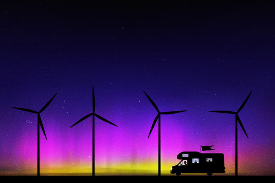 Cartoon retro car between windmills on road at night. Vector illustration with silhouette of man traveling in camper. Solo road trip. Northern lights in starry sky. Colorful aurora borealis