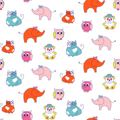 Cute animals kids seamless pattern. Child zoo background.