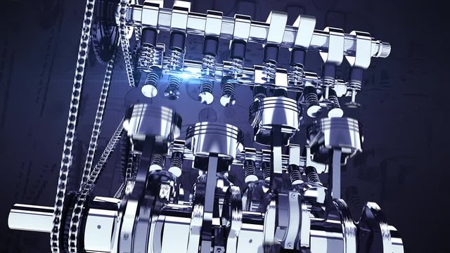 CG Animation Of A Fuel Injected V8 Engine With Visual Effects. Pistons And Other Mechanical Parts Are In Motion.