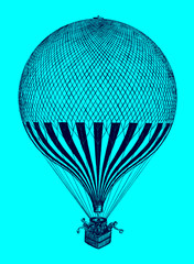 Historic balloon with several passengers standing in the basket in front of a blue background. Illustration after a lithography from the 19th century. Editable in layers