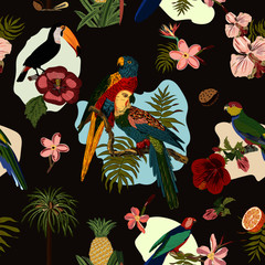 This seamless vector pattern features tropical birds parrots, toucans and flowers, trees, plants. You can use is as repeat pattern for fabric, wallpaper, wrapping paper and other projects.