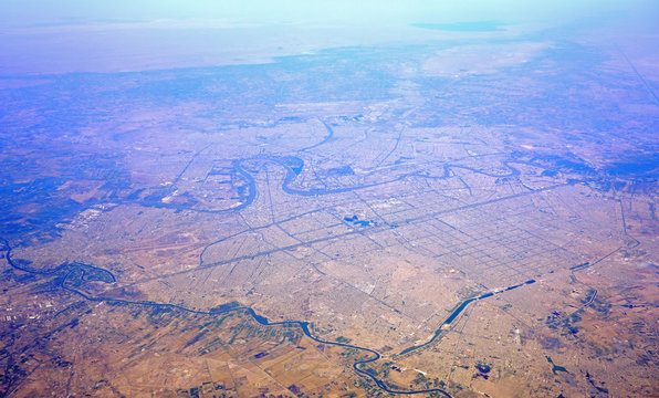 Aerial view of Baghdad, the capital of Iraq located along the Tigris River