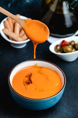 bowl with salmorejo, a typical spanish tomato soup similar to the gazpacho