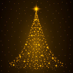 Christmas tree card background. Gold Christmas tree as symbol of Happy New Year, Merry Christmas holiday celebration. Golden star decoration. Bright shiny design Vector illustration