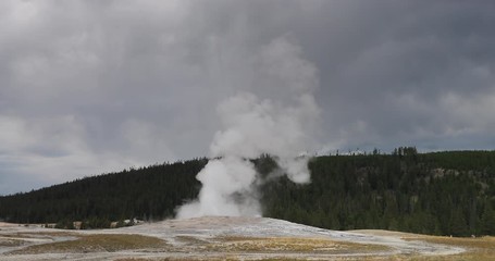 Yellowstone Old Faithful tourism erupt landscape 60 fps. Geothermal ecosystem environment. Caldera super volcano. Biology geography and ecology. Millions of tourist and visitors.