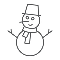 Snowman thin line icon, christmas and winter, snow sign, vector graphics, a linear pattern on a white background.