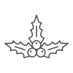 Christmas holly berry thin line icon, xmas and winter, plant sign, vector graphics, a linear pattern on a white background.