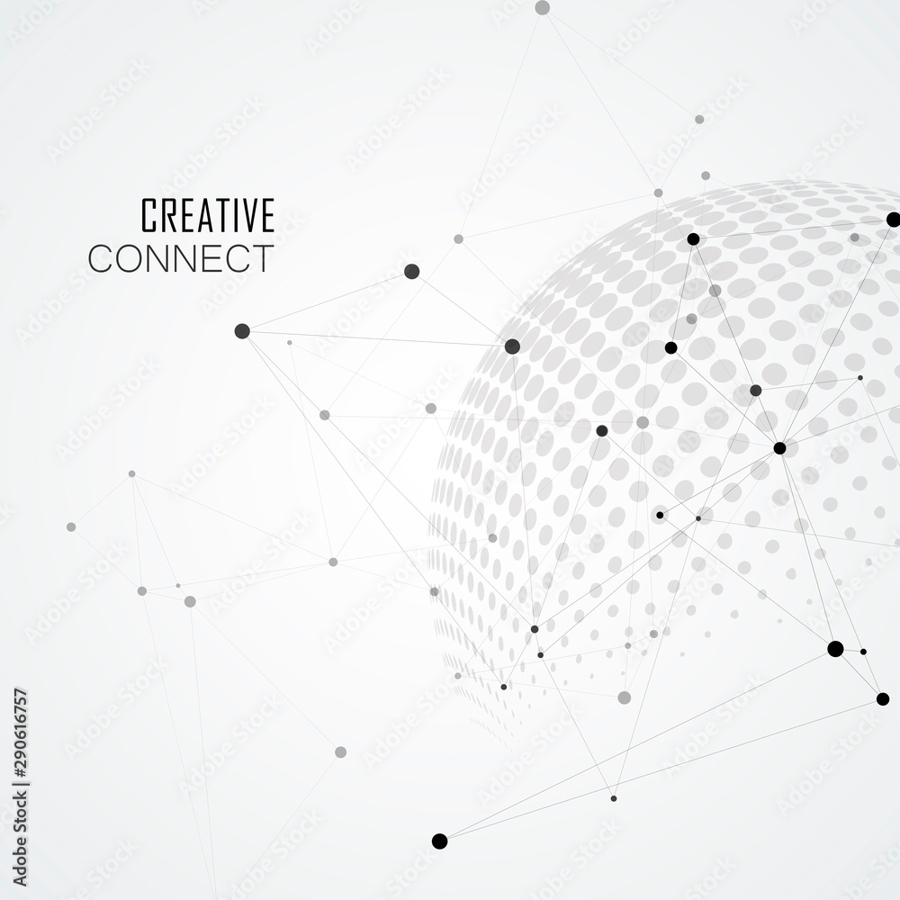 Poster halftone spheres with world globe and connect concept design. vector communication illustration